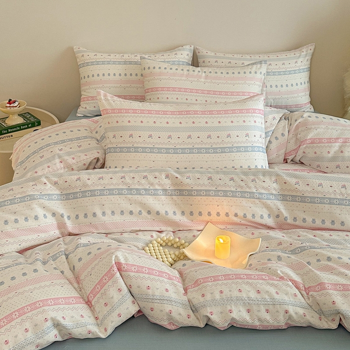 91家纺网 家纺一手货源 找家纺 塞纳 2026新款.全棉有氧双层纱四件套-场景二-觅可-粉