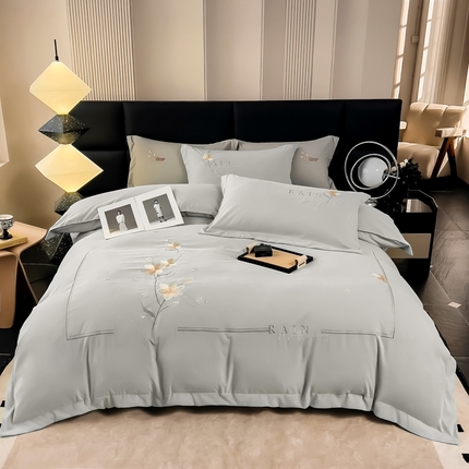 91家纺网 家纺一手货源 找家纺 曲之慕 2025新品四季款高端刺绣四件套简约可水洗轻奢纯色刺绣四件套 流光都市灰