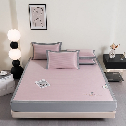 小牛席业 2025新款海岛夏日A类凉感冰丝席（床笠款）凉席藤席冰藤席冰丝席竹席空调席草席乳胶席豆豆席三件套 粉色