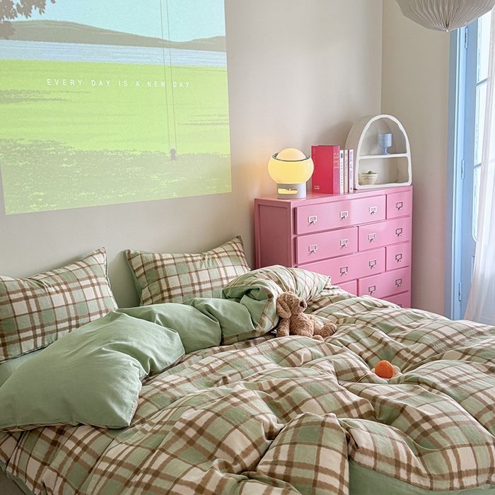 91家纺网 家纺一手货源 找家纺 2025新款全棉有氧双层纱四件套-简约系列 格调-绿