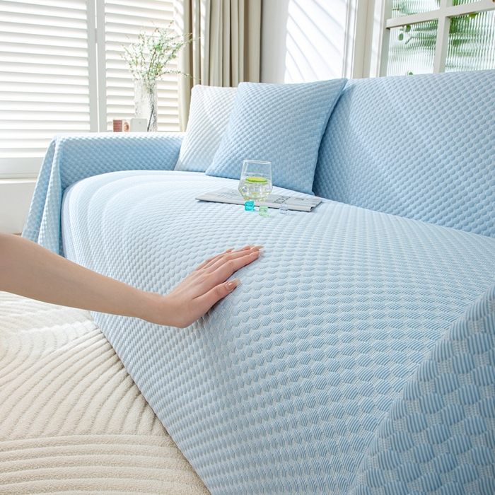 91家纺网 家纺一手货源 找家纺 沐沐 2026新款冰豆豆沙发巾 清爽蓝