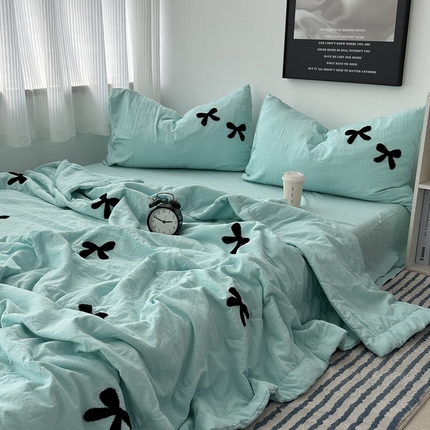 91家纺网 家纺一手货源 找家纺 （总）优色良品家纺 2025新款水洗棉毛巾绣蝴蝶结夏被四件套
