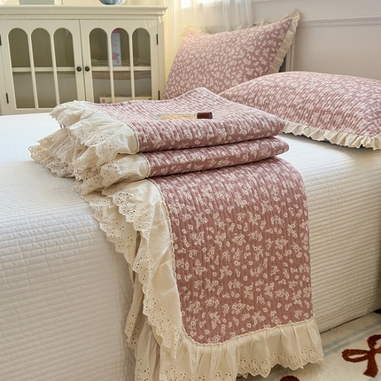 美优兰 2025全棉法式花边双层纱水洗棉花床盖三件套（提供买家秀） 春意盎然粉