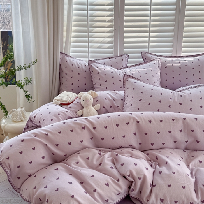 91家纺网 家纺一手货源 找家纺 金丝鸟家纺 2025新款全棉双层纱贝壳边四件套花卉系列 紫色心情