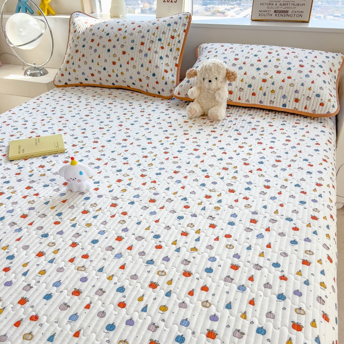 91家纺网 家纺一手货源 找家纺 慕木家纺 2025新款A类高克重四季款针织棉双层纱多功能床盖可铺可盖 缤纷南瓜