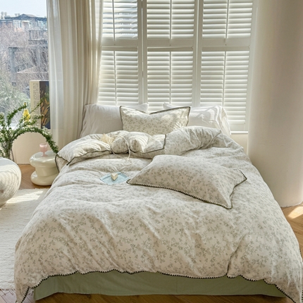 金丝鸟家纺 2025新款全棉双层纱贝壳边四件套花卉系列 绿意枝头