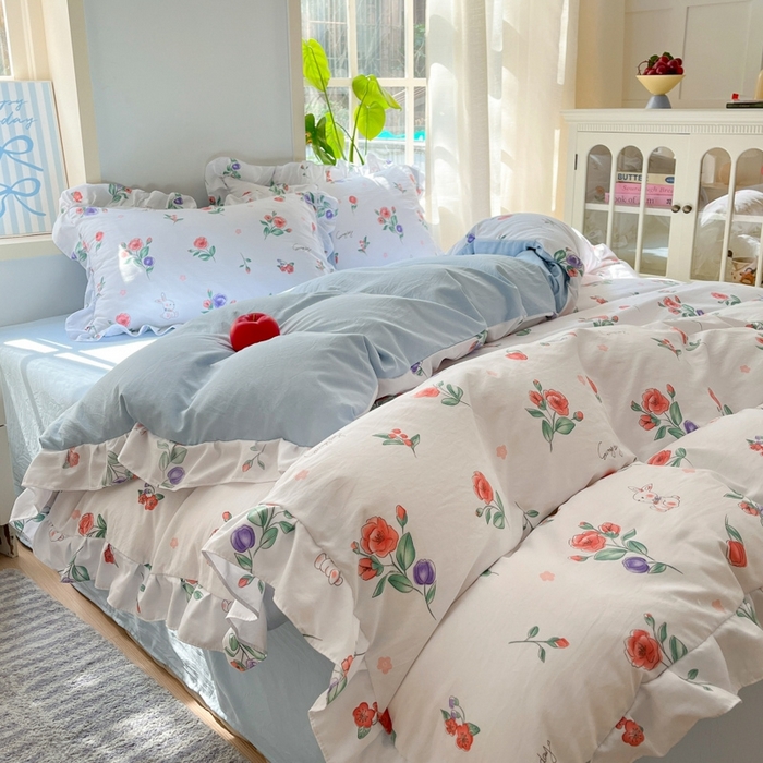 91家纺网 家纺一手货源 找家纺 雨帆家纺2025新款水洗棉印花四件套 兔兔花园