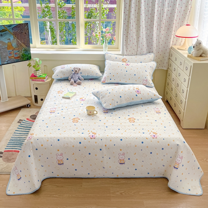 91家纺网 家纺一手货源 找家纺 857家居 2025新款针织双层纱床盖三件套 梦幻星辰