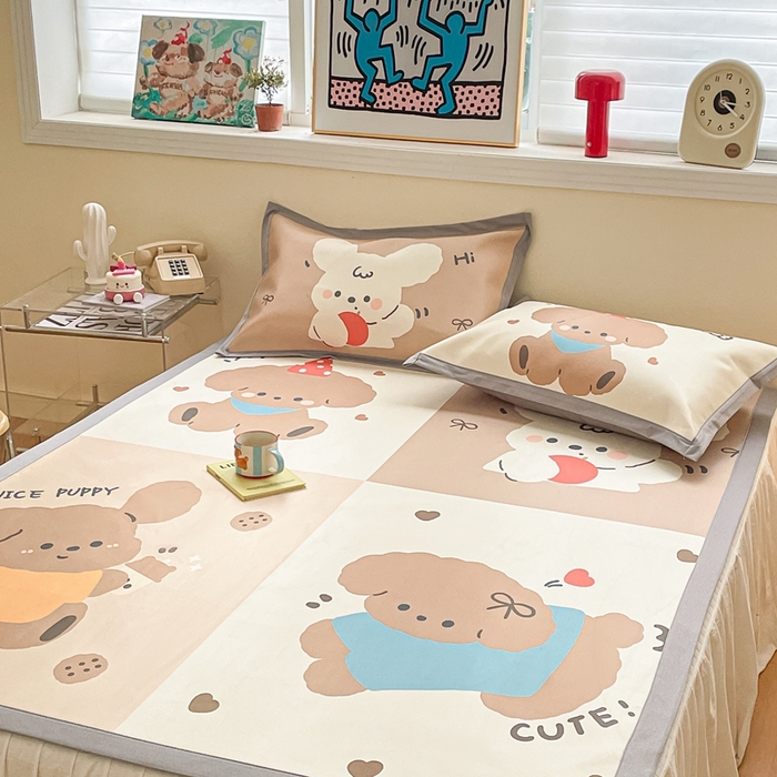 91家纺网 家纺一手货源 找家纺 川悦生活 2025新款大版凉感冰丝席三件套 快乐小萌狗