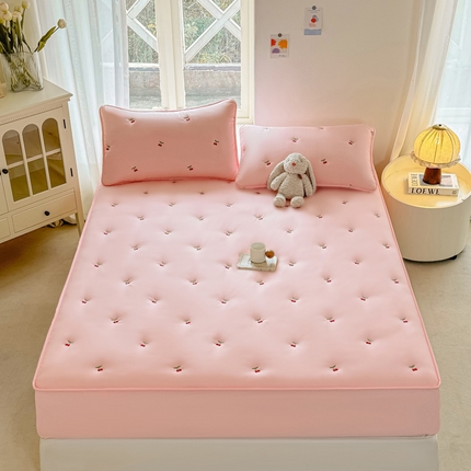 萌飞 2025新款A类亲肤大豆棉刺绣夹棉床笠床褥学生床垫 樱桃粉