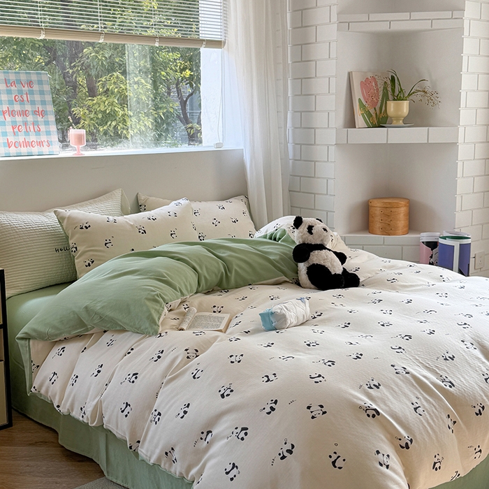 91家纺网 家纺一手货源 找家纺 2025新款全棉有氧双层纱四件套-卡通系列 熊猫仔仔