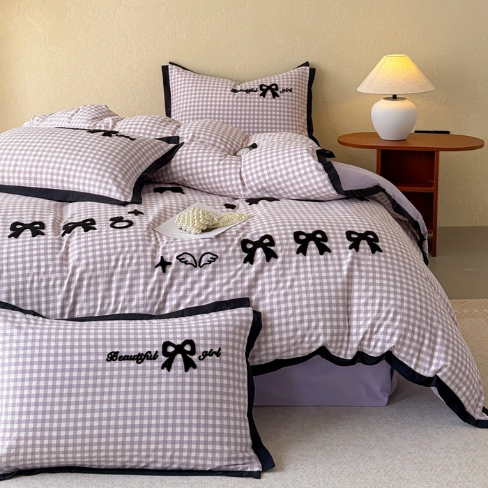 91家纺网 家纺一手货源 找家纺 米可2025新款水洗棉绣花花边款四件套 蝴蝶结-紫