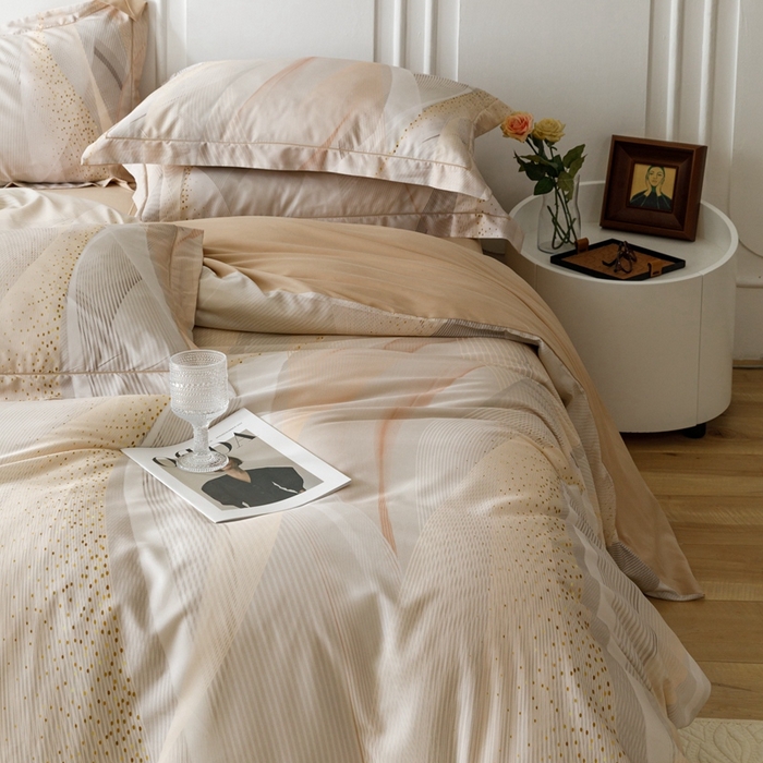 91家纺网 家纺一手货源 找家纺 金奇达2025新款【休闲午后】-轻氧水光莱赛尔四件套（标准号全网控价（折后券后）不低于258） 流金岁月