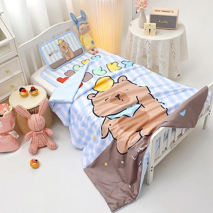 91家纺网 家纺一手货源 找家纺 八零年代 2025新品云柔牛奶丝儿童凉席套件条纹卡皮