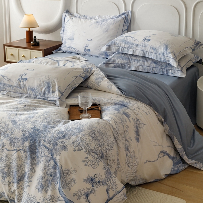 91家纺网 家纺一手货源 找家纺 金奇达2025新款【休闲午后】-轻氧水光莱赛尔四件套（标准号全网控价（折后券后）不低于258） 路易莎-蓝