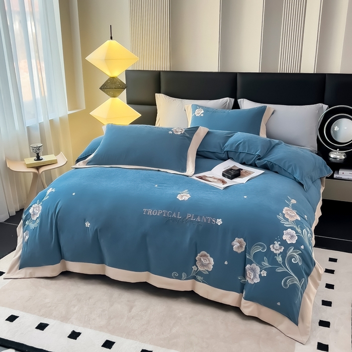 91家纺网 家纺一手货源 找家纺 （总）曲之慕 2025新品四季款高端刺绣四件套简约可水洗轻奢纯色刺绣四件套--馨花漫舞