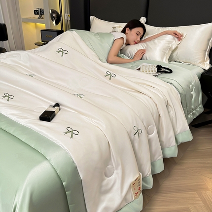 满羽家纺 2025新款水洗冰丝刺绣夏被四件套 蝴蝶结 绿+白