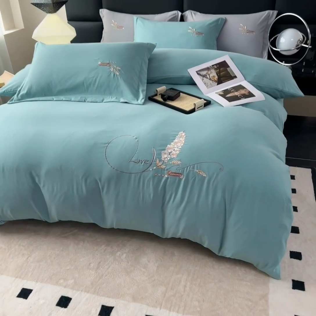 91家纺网 家纺一手货源 找家纺 （总）曲之慕 2025新品四季款高端刺绣四件套简约可水洗轻奢纯色刺绣四件套--大麦