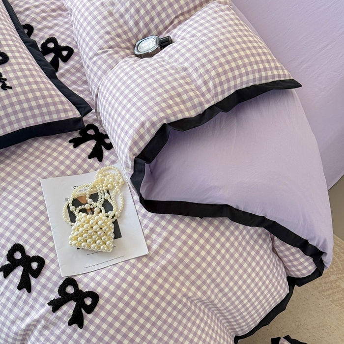 91家纺网 家纺一手货源 找家纺 米可2025新款水洗棉绣花花边款四件套 蝴蝶结-紫