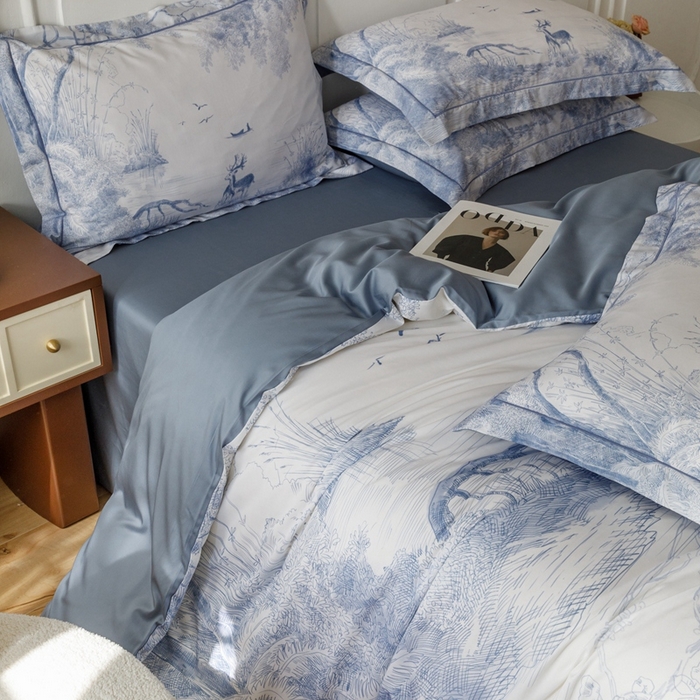 91家纺网 家纺一手货源 找家纺 金奇达2025新款【休闲午后】-轻氧水光莱赛尔四件套（标准号全网控价（折后券后）不低于258） 路易莎-蓝