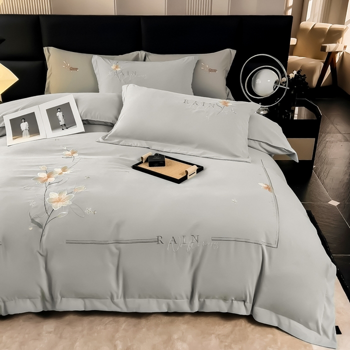 91家纺网 家纺一手货源 找家纺 曲之慕 2025新品四季款高端刺绣四件套简约可水洗轻奢纯色刺绣四件套 流光都市灰