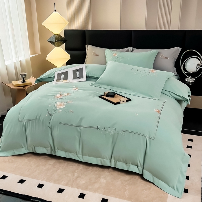 91家纺网 家纺一手货源 找家纺 曲之慕 2025新品四季款高端刺绣四件套简约可水洗轻奢纯色刺绣四件套 流光浅绿