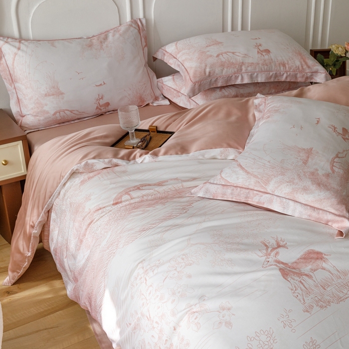 91家纺网 家纺一手货源 找家纺 金奇达2025新款【休闲午后】-轻氧水光莱赛尔四件套（标准号全网控价（折后券后）不低于258） 路易莎-粉