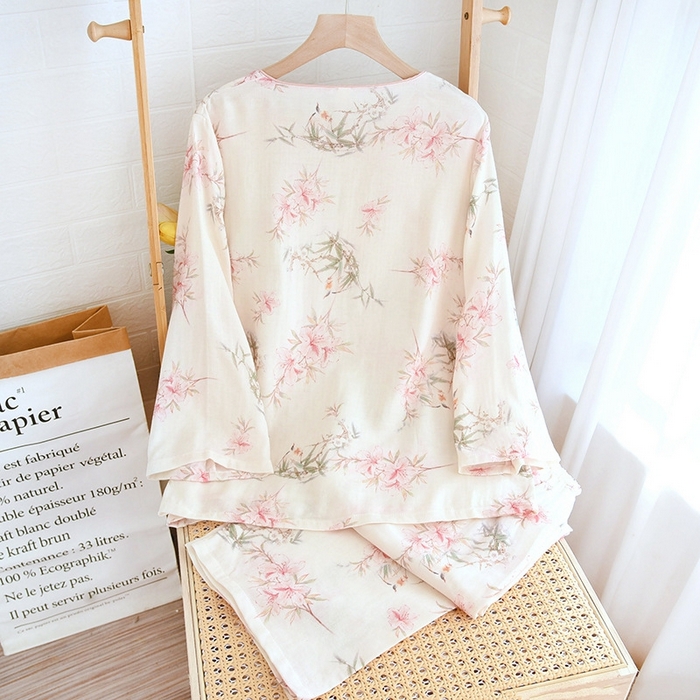 91家纺网 家纺一手货源 找家纺 洛兰沙家居馆【只代发】【只代发】 2025新款国风竹纤维鸟语花香春夏女睡衣大码长袖长裤自带凉感休闲套装 ls1309