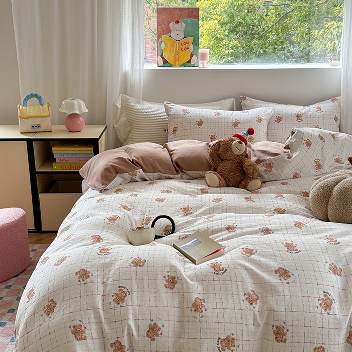 91家纺网 家纺一手货源 找家纺 2025新款全棉有氧双层纱四件套-卡通系列 跳跳熊