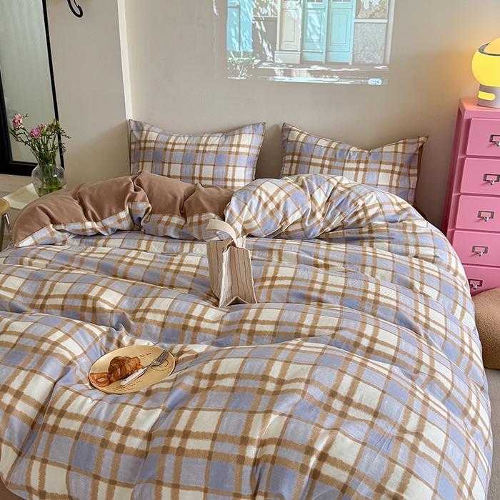 91家纺网 家纺一手货源 找家纺 2025新款全棉有氧双层纱四件套-简约系列 格调-蓝