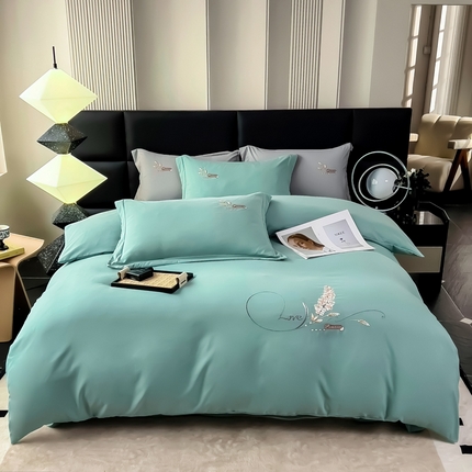 曲之慕 2025新品四季款高端刺绣四件套简约可水洗轻奢纯色刺绣四件套 大麦冰星绿