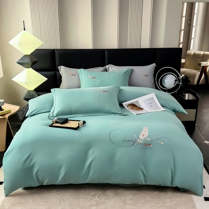 91家纺网 家纺一手货源 找家纺 曲之慕 2025新品四季款高端刺绣四件套简约可水洗轻奢纯色刺绣四件套 大麦冰星绿