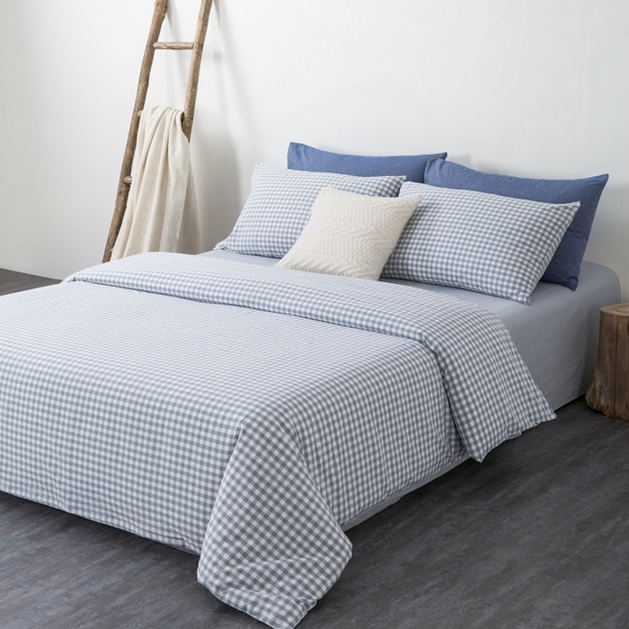 91家纺网 家纺一手货源 找家纺 玖弘家居 2025新款水洗棉单被套 浅蓝小格