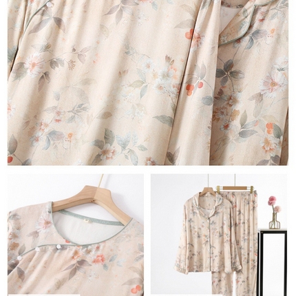 91家纺网 家纺一手货源 找家纺 洛兰沙家居馆【只代发】【只代发】 2025新款国风竹纤维鸟语花香春夏女睡衣大码长袖长裤自带凉感休闲套装 ls1304