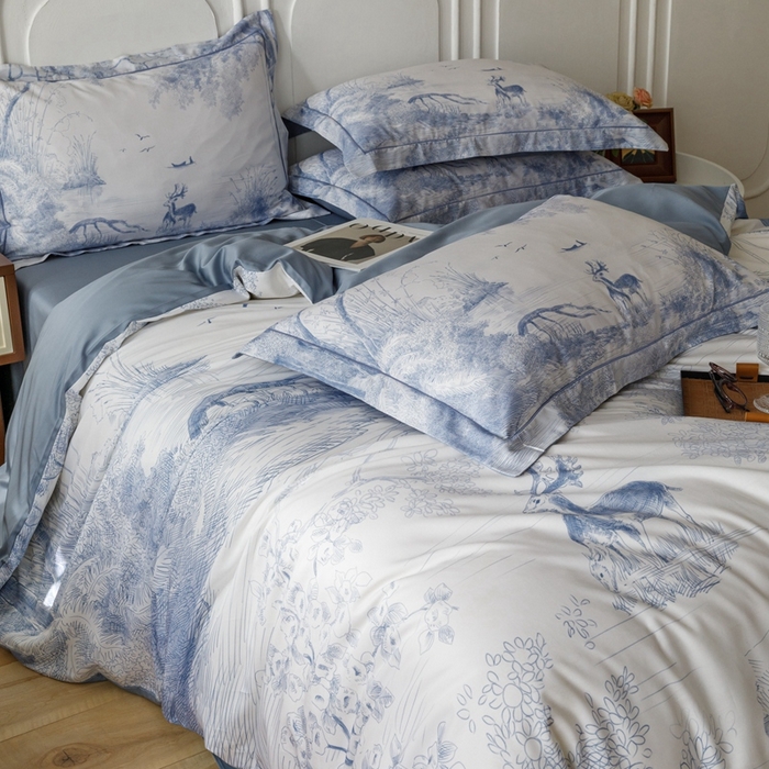 91家纺网 家纺一手货源 找家纺 金奇达2025新款【休闲午后】-轻氧水光莱赛尔四件套（标准号全网控价（折后券后）不低于258） 路易莎-蓝