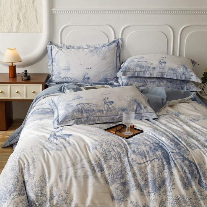 91家纺网 家纺一手货源 找家纺 金奇达2025新款【休闲午后】-轻氧水光莱赛尔四件套（标准号全网控价（折后券后）不低于258） 路易莎-蓝