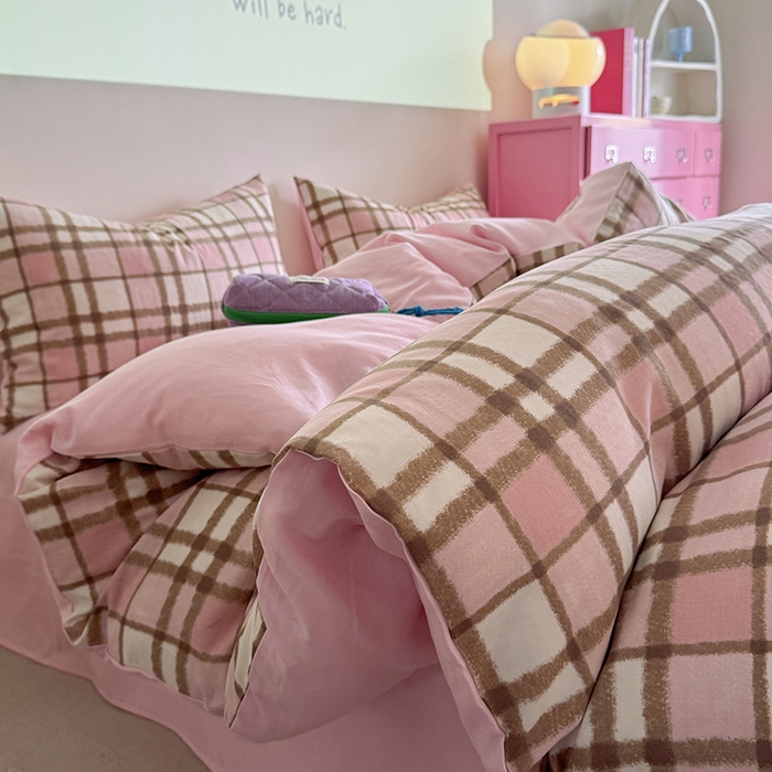 91家纺网 家纺一手货源 找家纺 2025新款全棉有氧双层纱四件套-简约系列 格调-粉