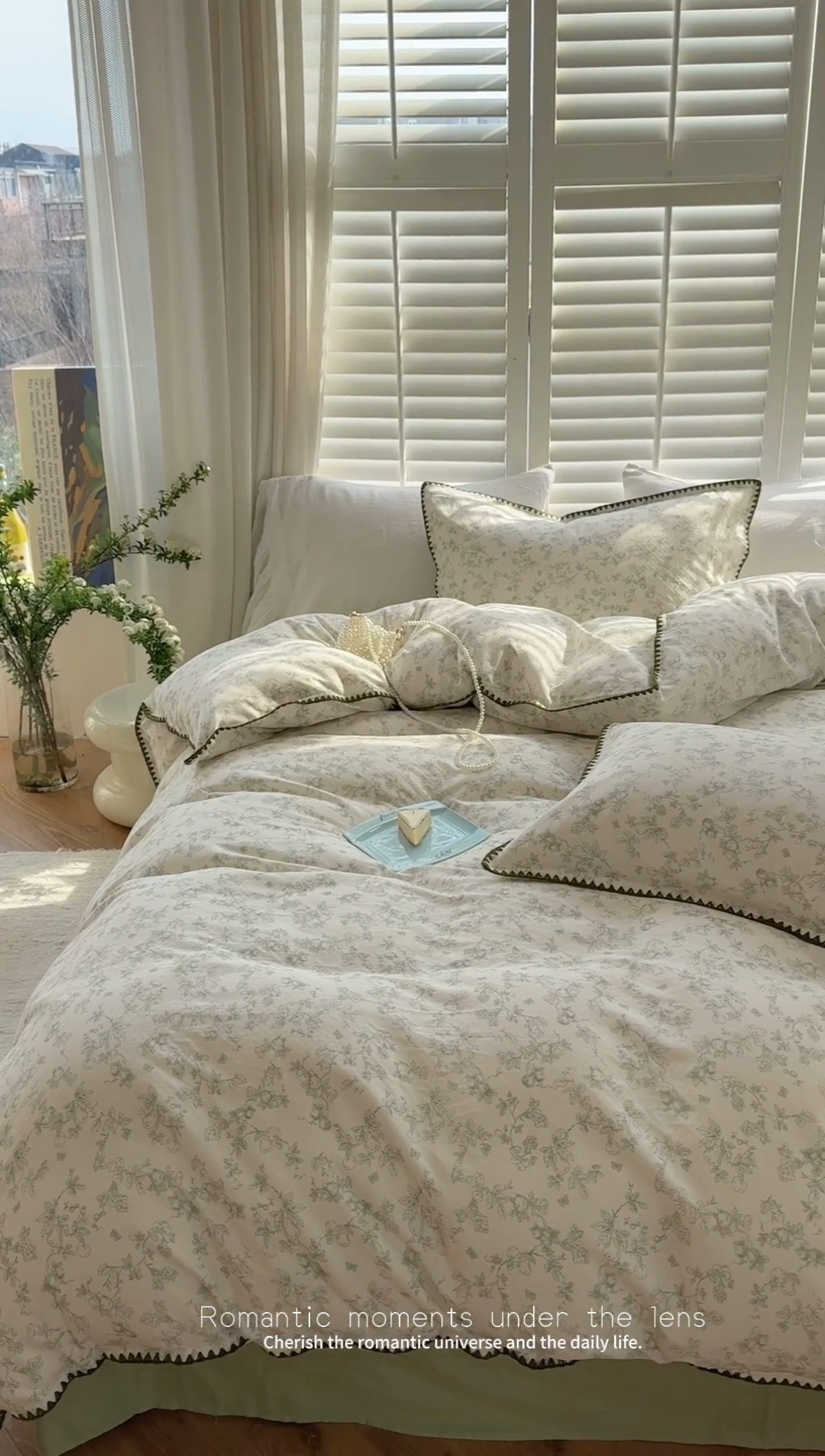 91家纺网 家纺一手货源 找家纺 金丝鸟家纺 2025新款全棉双层纱贝壳边四件套花卉系列 绿意枝头