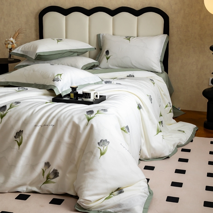 91家纺网 家纺一手货源 找家纺 金奇达2025新款【曼妙庄园】-轻氧水光天丝棉四件套（标准号全网控价（折后券后）不低于268） 玫瑰花语-森绿