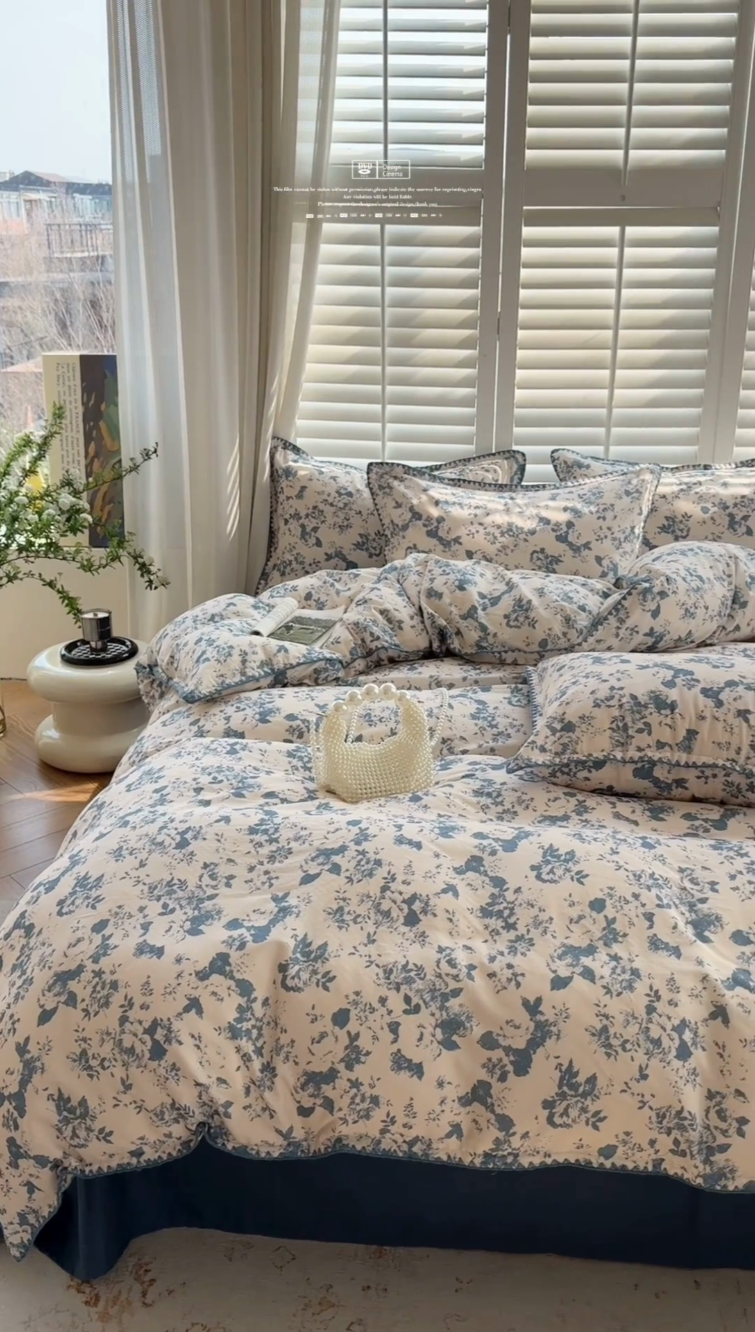 91家纺网 家纺一手货源 找家纺 金丝鸟家纺 2025新款全棉双层纱贝壳边四件套花卉系列 青瓷花弄