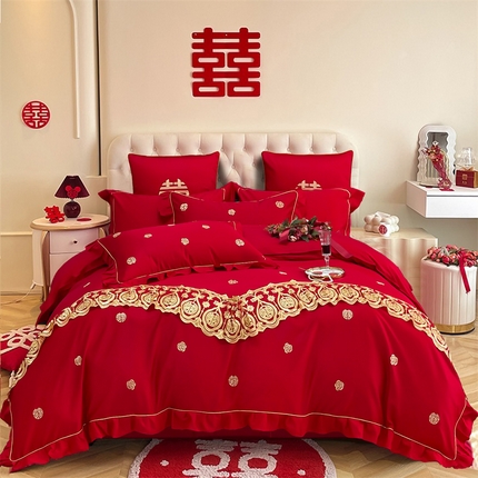 91家纺网 家纺一手货源 找家纺 甜咪咪婚庆 2025新款纯棉全棉面料刺绣结婚 婚庆 四件套 多件套  小红书推荐热款 爱的港湾