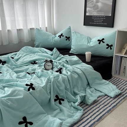 91家纺网 家纺一手货源 找家纺 （总）优色良品家纺 2025新款水洗棉毛巾绣蝴蝶结夏被四件套
