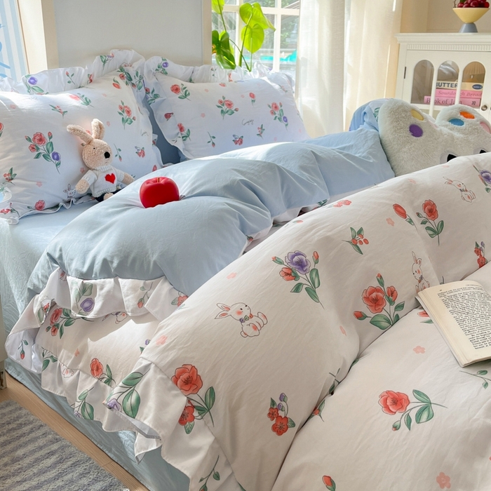 91家纺网 家纺一手货源 找家纺 雨帆家纺2025新款水洗棉印花四件套 兔兔花园