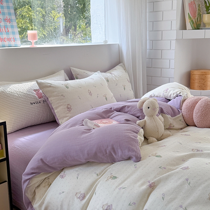 91家纺网 家纺一手货源 找家纺 2025新款全棉有氧双层纱四件套-卡通系列 郁金香甜兔