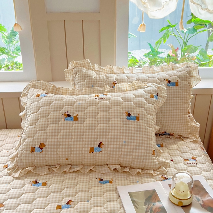 91家纺网 家纺一手货源 找家纺 情煊家纺 2025新款全棉印花小清新夹棉枕套 俏皮狗