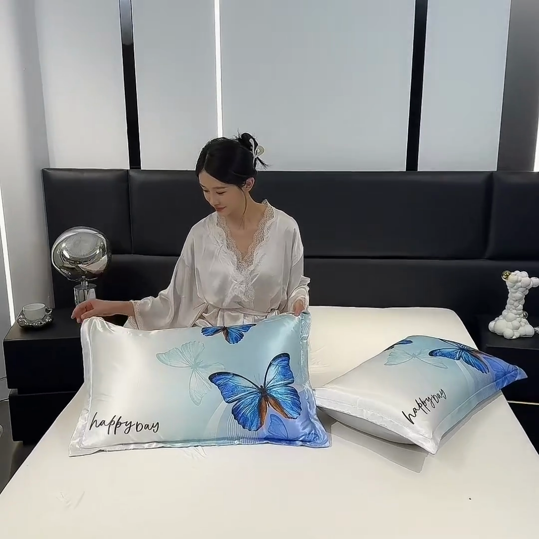91家纺网 家纺一手货源 找家纺 梦舒羽 2025新款可水洗冰丝卡通枕套宿舍48x74cm单人凉爽枕头套 蝴蝶梦