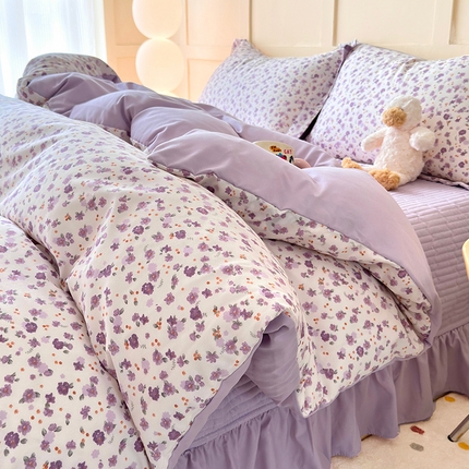 91家纺网 家纺一手货源 找家纺 一比一家纺 2025新款亲肤舒适印花AB版床盖款四件套 花语紫