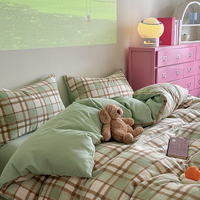 91家纺网 家纺一手货源 找家纺 2025新款全棉有氧双层纱四件套-简约系列 格调-绿