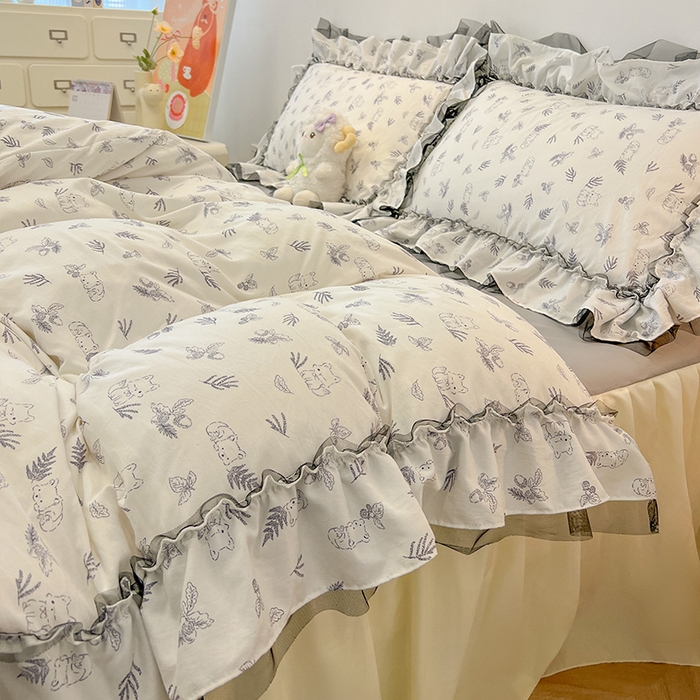 91家纺网 家纺一手货源 找家纺 眠帛家居 2025新款A类皱皱纱蕾丝花边四件套 阿狸