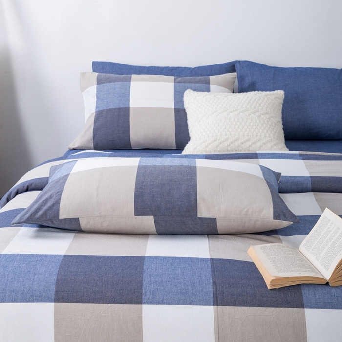 91家纺网 家纺一手货源 找家纺 玖弘家居 2025新款水洗棉单被套 蓝大格